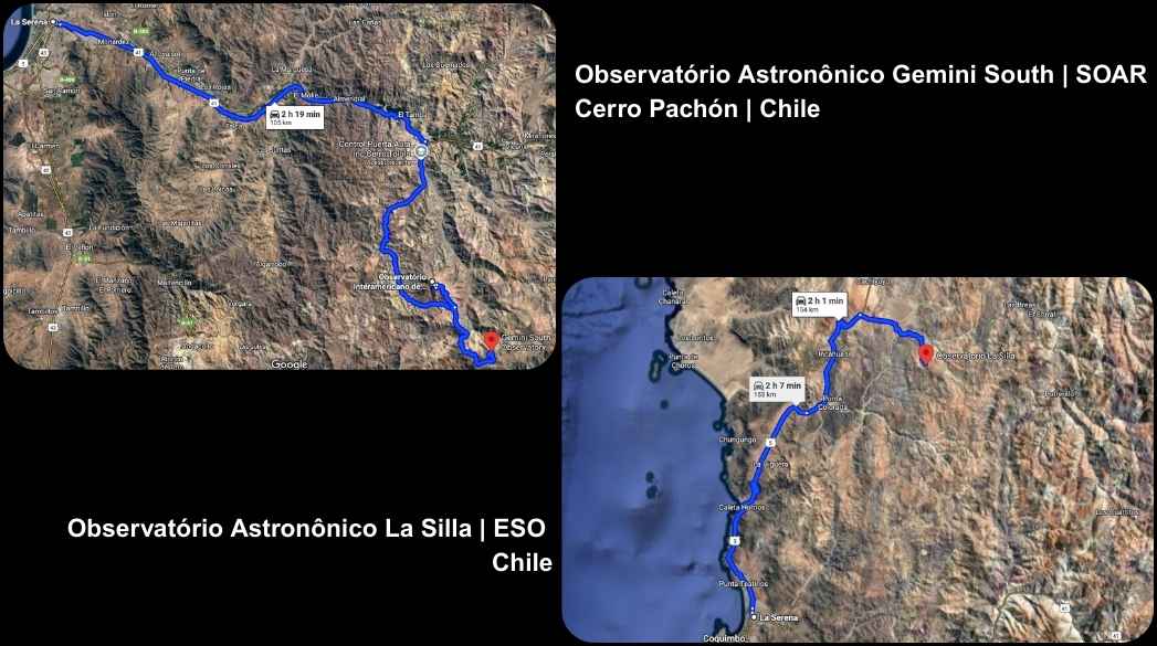 Mapa dos observatórios Gemini Sur e La Silla na região de La Serena, no Chile